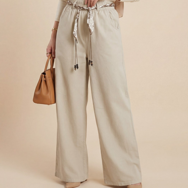 Hose mit Gürtel in Leinenoptik Beige